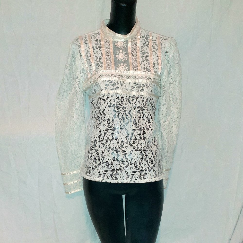 70s vintage lace high collar prairie blouse
